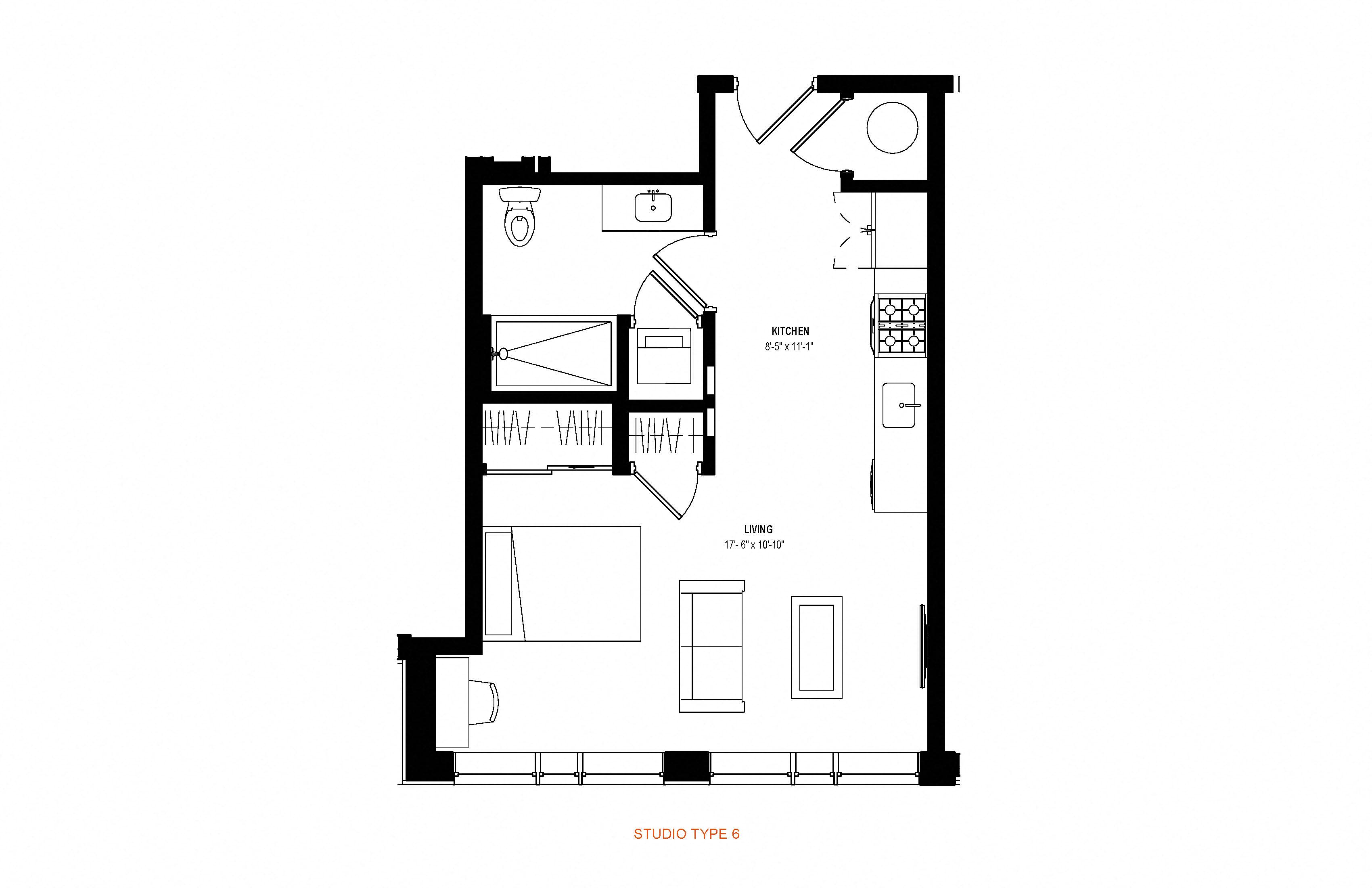 Floor plan for studio, 1 bath, 496 sqft